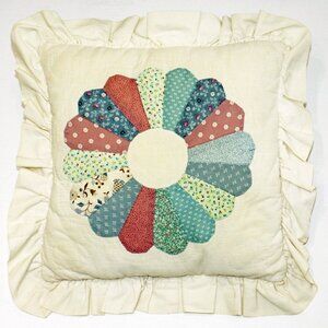 Cream Throw Pillow Quilted Pillow 16" Square Handmade Quilted Heart Ruffle Edge